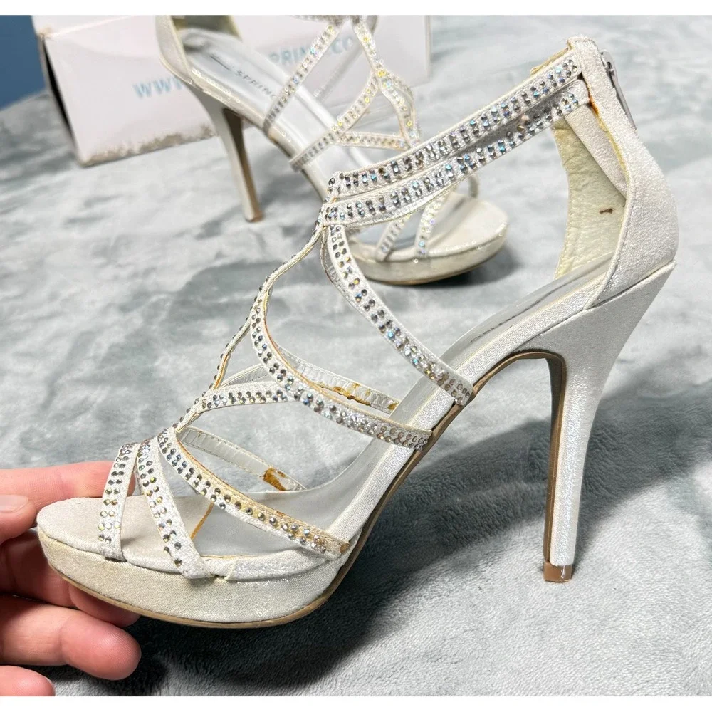 Call It Spring Chloe Sandals Womens 6 Ivory Rhinestone Strappy Heels